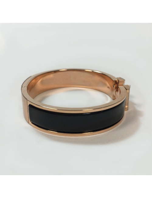 Bracelet Clic H HERMES émail noir et métal rose PM
