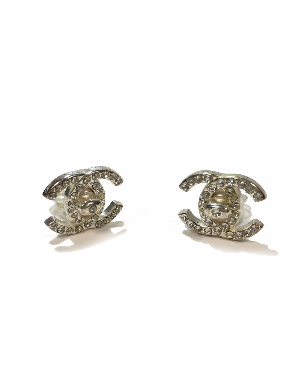 CHANEL vintage CC clip-on earrings in silver metal and rhinestones