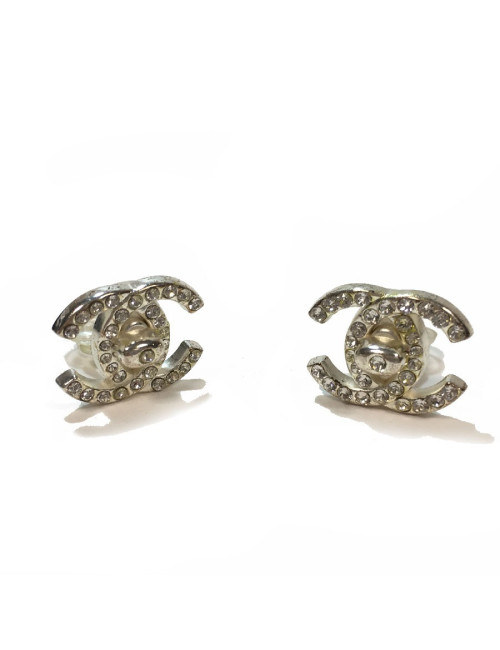 Boucles d'oreille Clips CHANEL CC strass et métal argenté