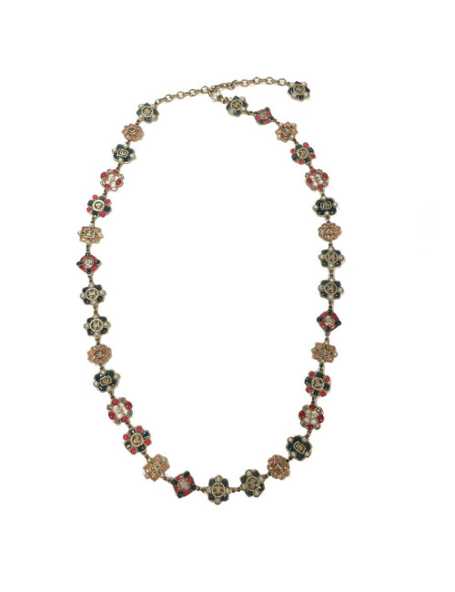 CHANEL long necklace in gold metal andmulticolored molten glass, rhinestones and pearls