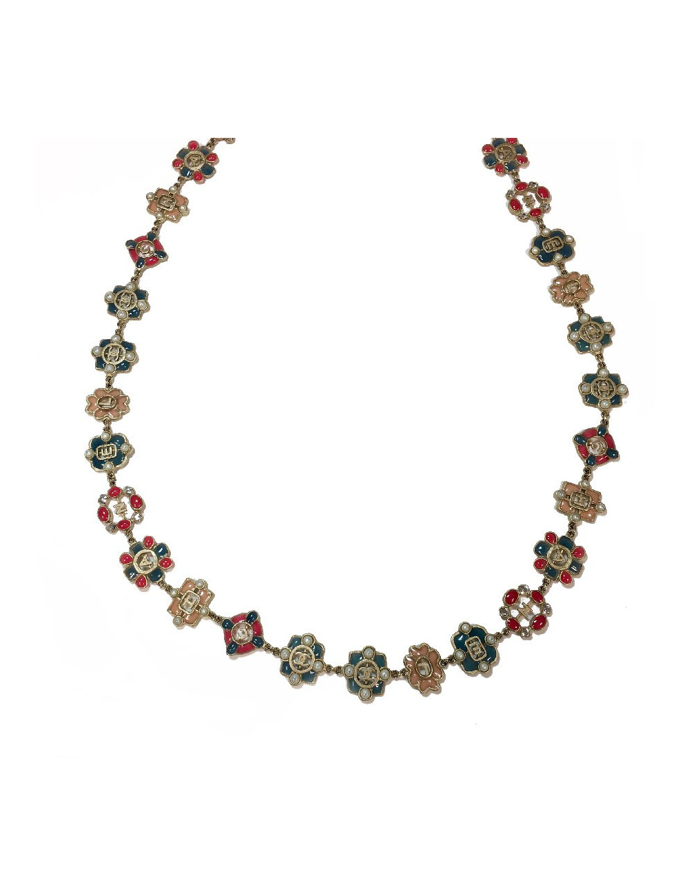 CHANEL long necklace in gold metal andmulticolored molten glass, rhinestones and pearls