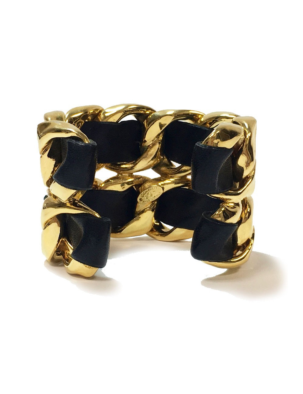 CHANEL Collector cuff bracelet in gilt metal and black leather
