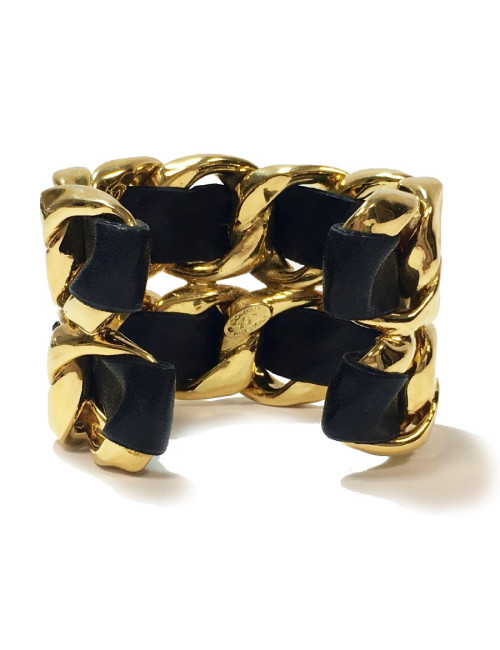 Manchette CHANEL Collector chaine dorée et cuir noir