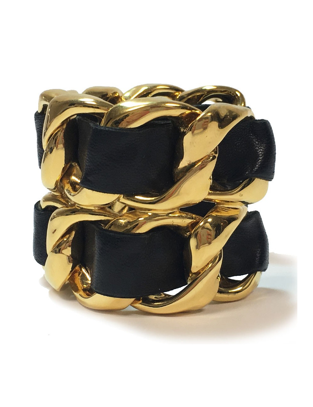 Manchette CHANEL Collector chaine dorée et cuir noir