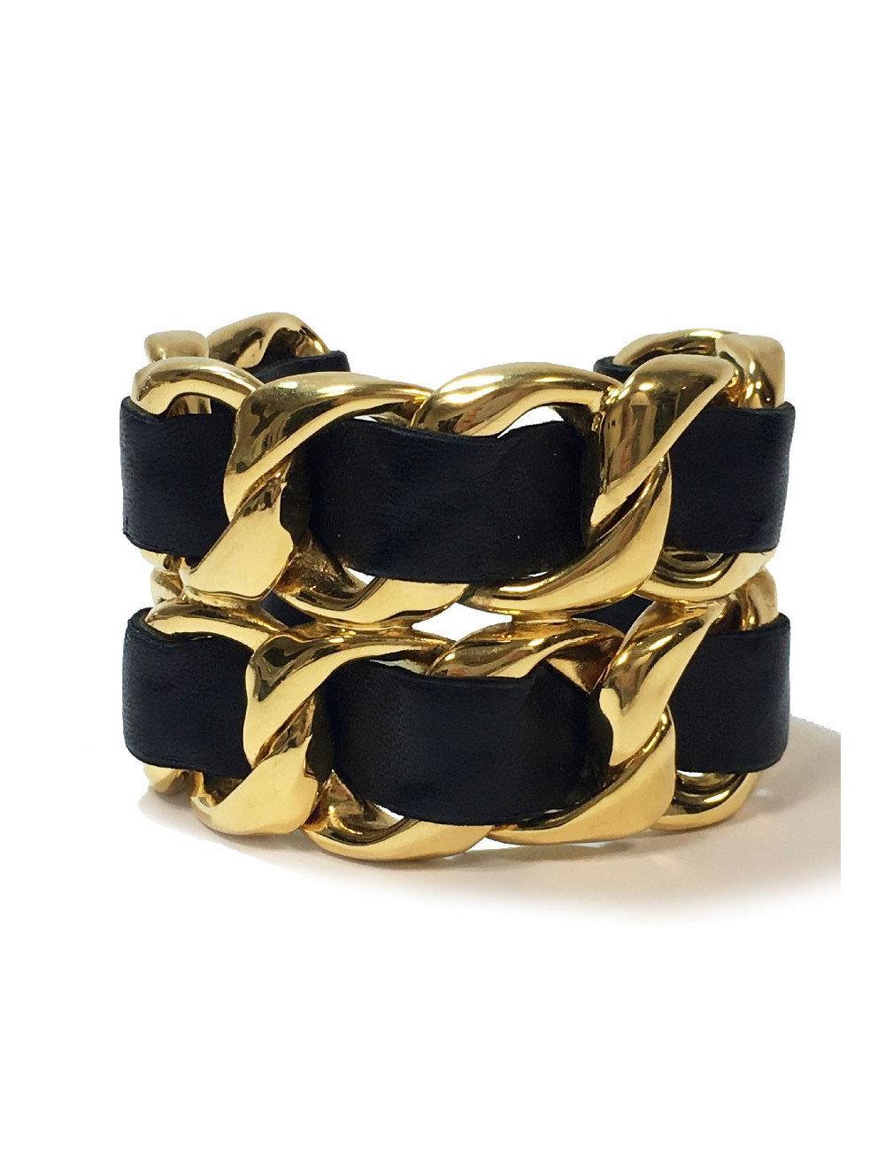CHANEL Collector cuff bracelet in gilt metal and black leather
