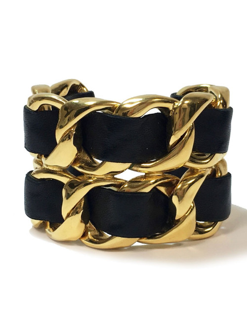 Manchette CHANEL Collector chaine dorée et cuir noir