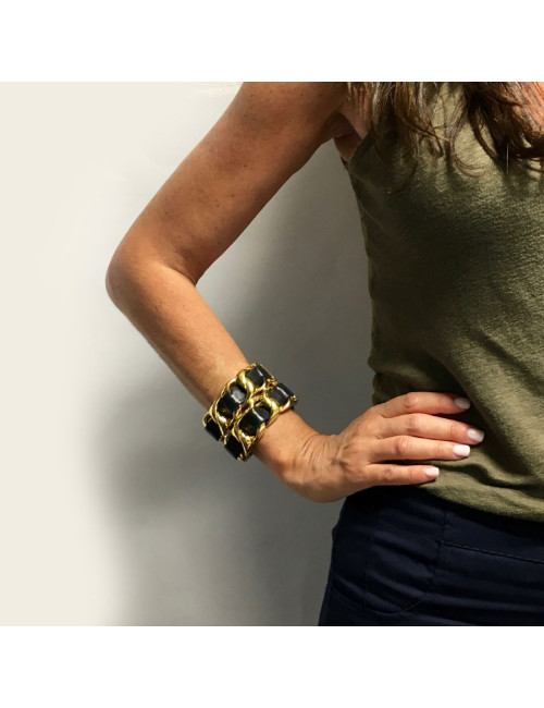 Manchette CHANEL Collector chaine dorée et cuir noir