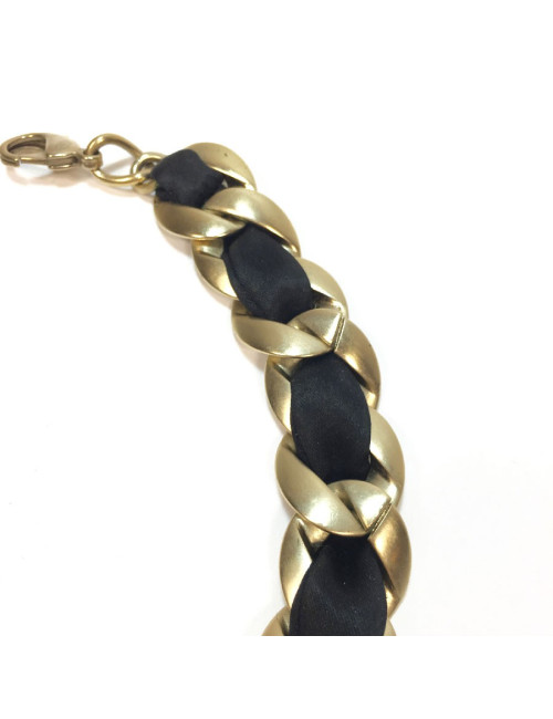 Collier CHANEL ras de cou chaîne dorée en métal or mat et ruban satin noir