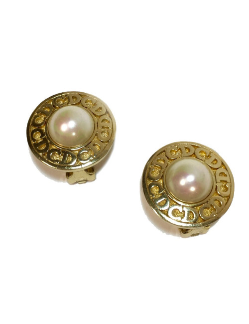 Boucles d'oreille clips CHRISTIAN DIOR dorés et perle nacrée