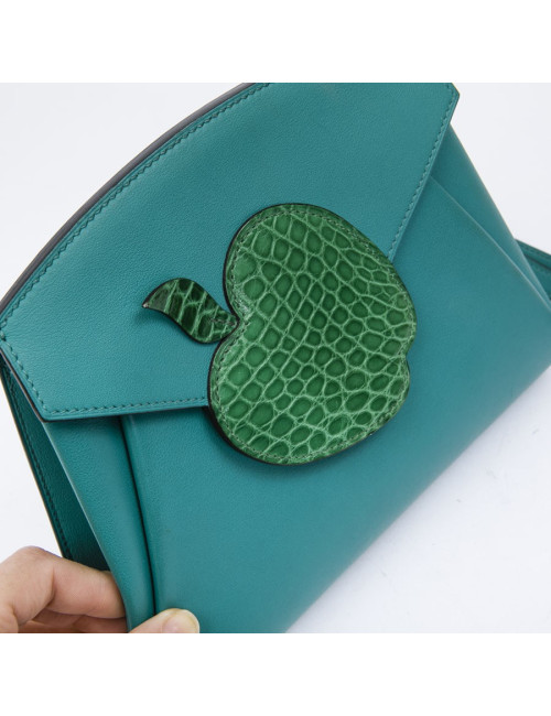 HERMES Tutti Frutti Hermail Bag in blue peacock tadelakt leather and green crocodile