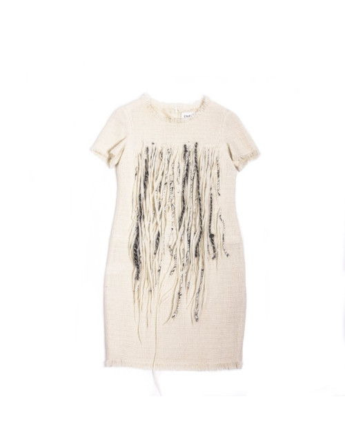 robe T 42 CHANEL en tweed écru et franges
