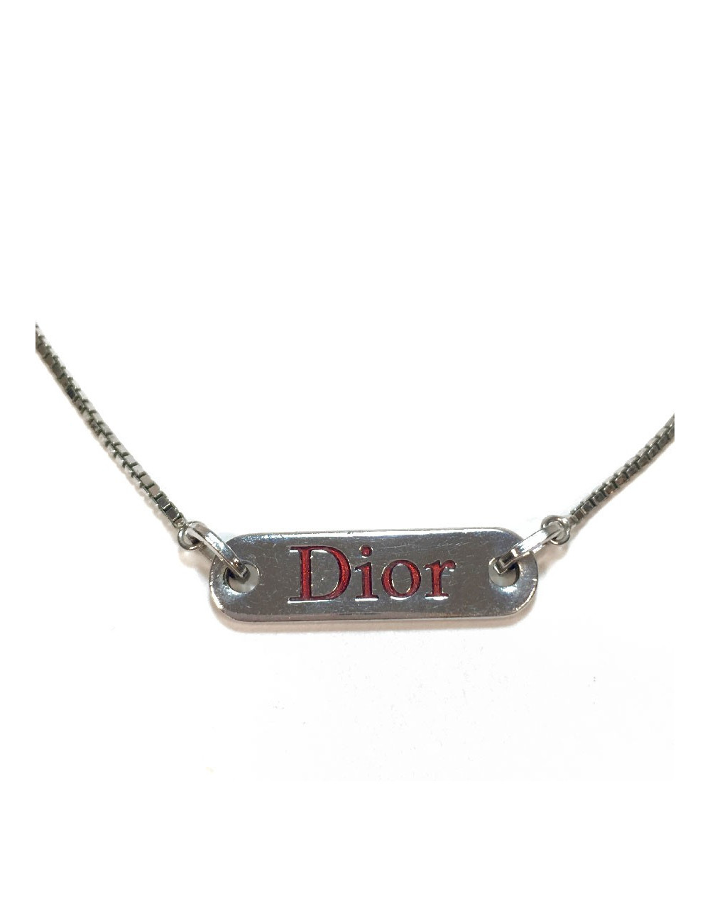 Collier DIOR avec plaque "Dior" en métal argenté
