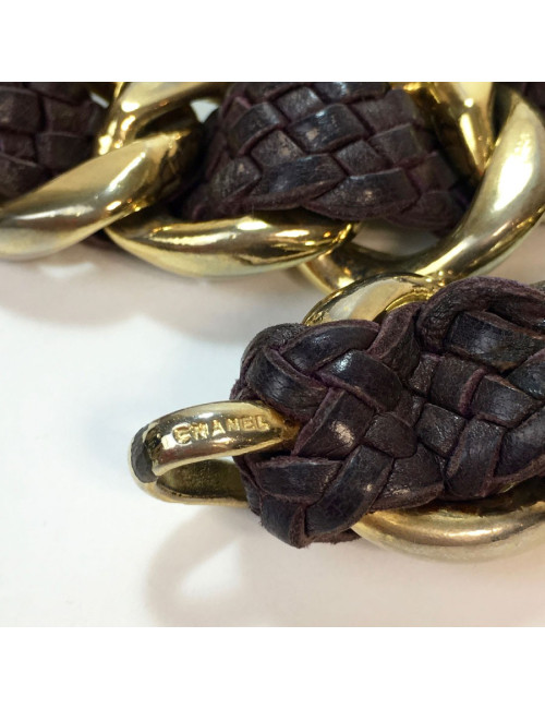 CHANEL vintage belt in gilt chain interlaced with purple braided leather