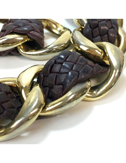 CHANEL vintage belt in gilt chain interlaced with purple braided leather