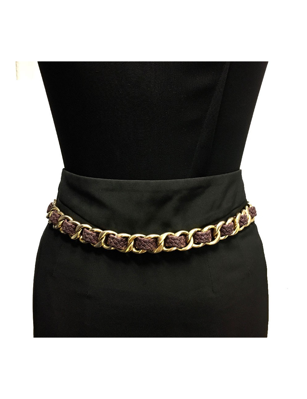 CHANEL vintage belt in gilt chain interlaced with purple braided leather