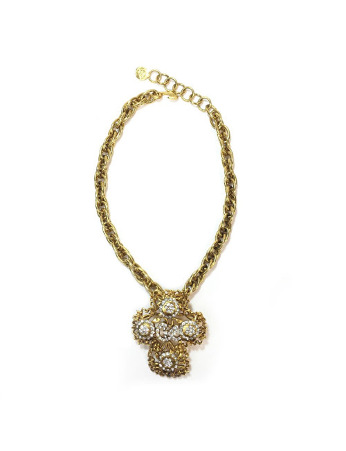 Collier CHRISTIAN LACROIX croix vintage en métal doré et strass