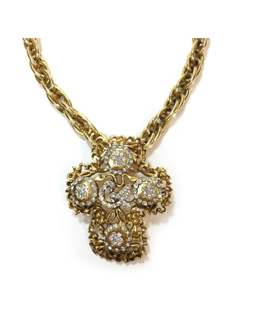 Collier CHRISTIAN LACROIX croix vintage en métal doré et strass