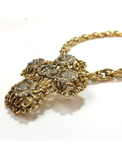 Collier CHRISTIAN LACROIX croix vintage en métal doré et strass