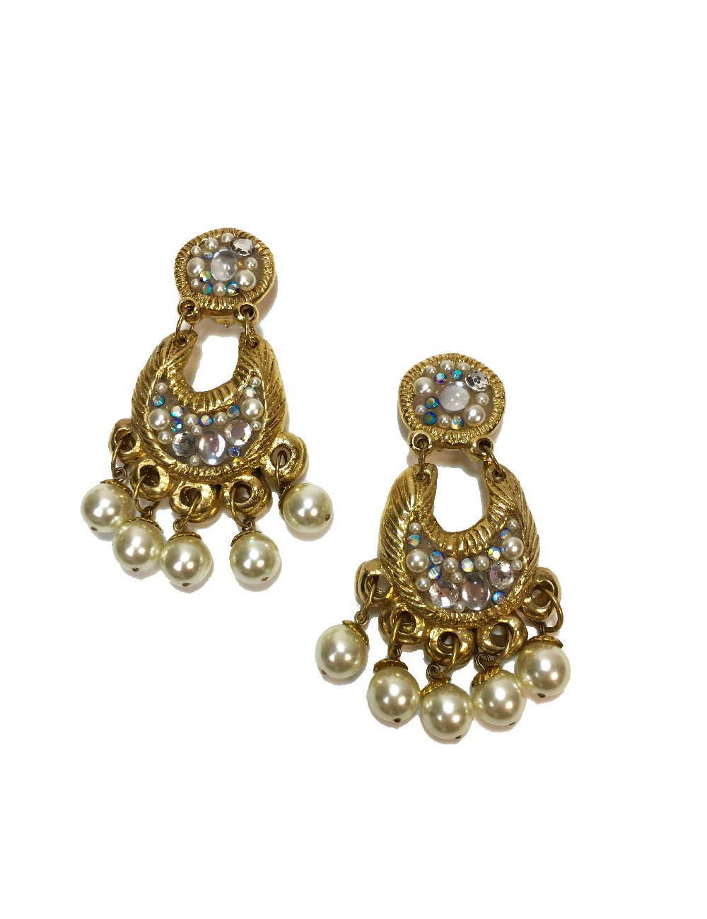 Boucles d'oreille clips JACKY DE G en métal doré, strass et perles