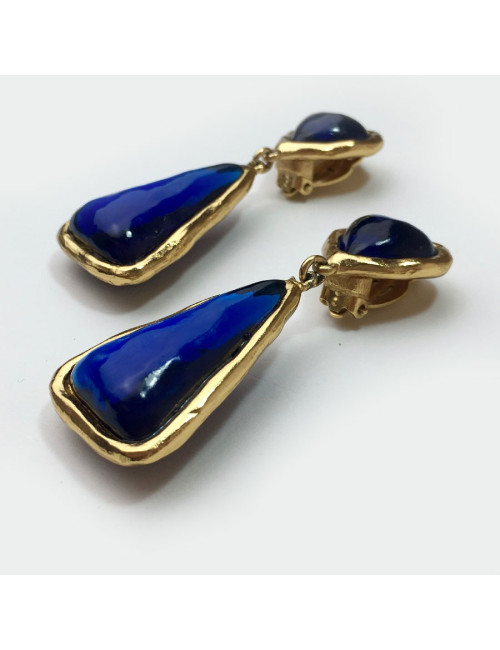 Boucles d"oreille clips SONIA RYKIEL Vintage doré et bleu