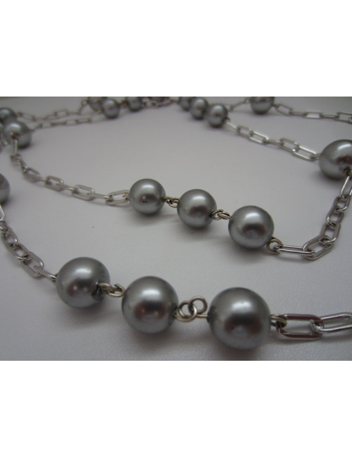 Sautoir MARGUERITE DE VALOIS perles grises et métal argenté