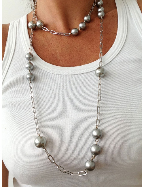 Sautoir MARGUERITE DE VALOIS perles grises et métal argenté