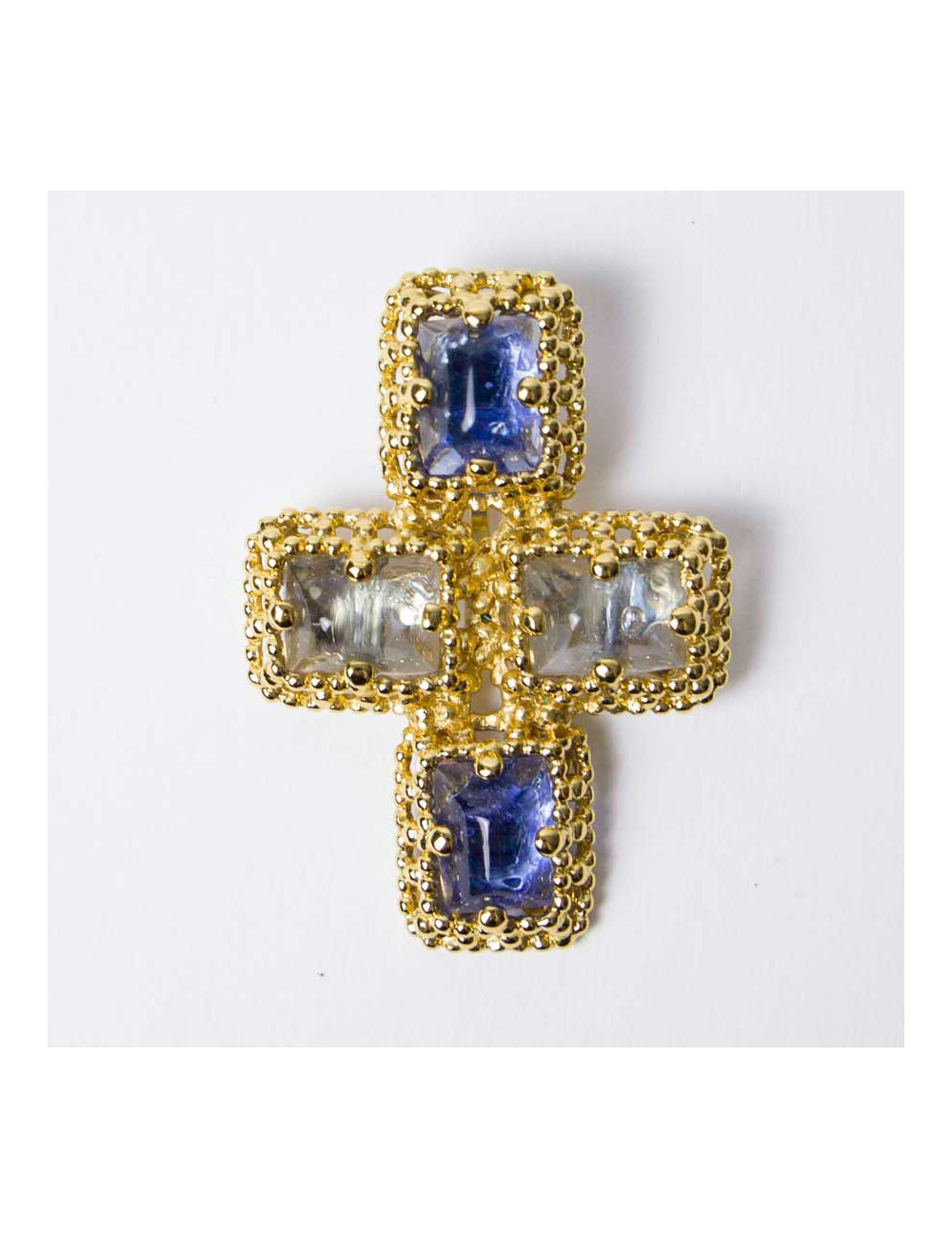 YSL YVES SAINT LAURENT Vintage cross pendant brooch set with 2 tones of blue cabochon