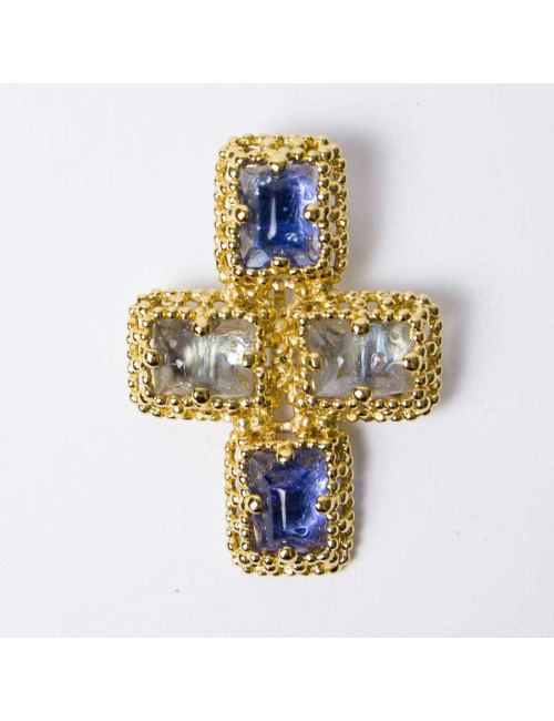 YSL YVES SAINT LAURENT Vintage cross pendant brooch set with 2 tones of blue cabochon