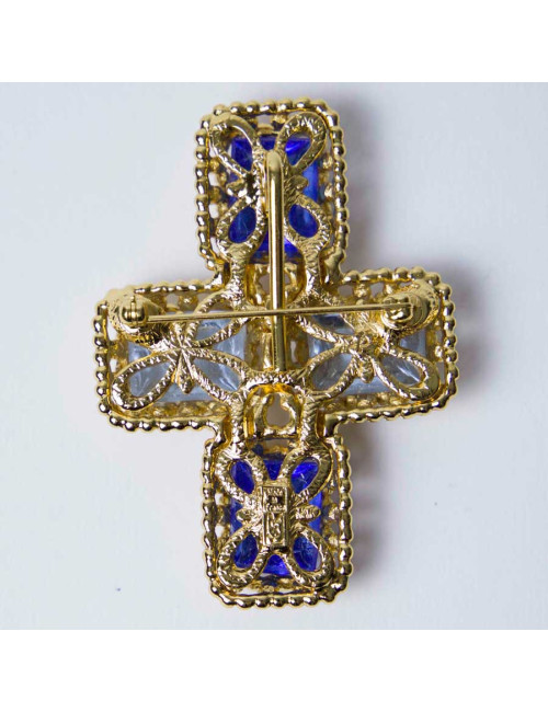 YSL YVES SAINT LAURENT Vintage cross pendant brooch set with 2 tones of blue cabochon