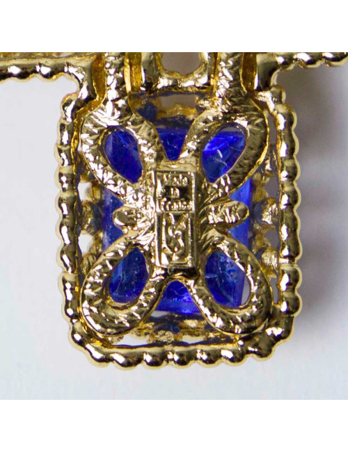YSL YVES SAINT LAURENT Vintage cross pendant brooch set with 2 tones of blue cabochon
