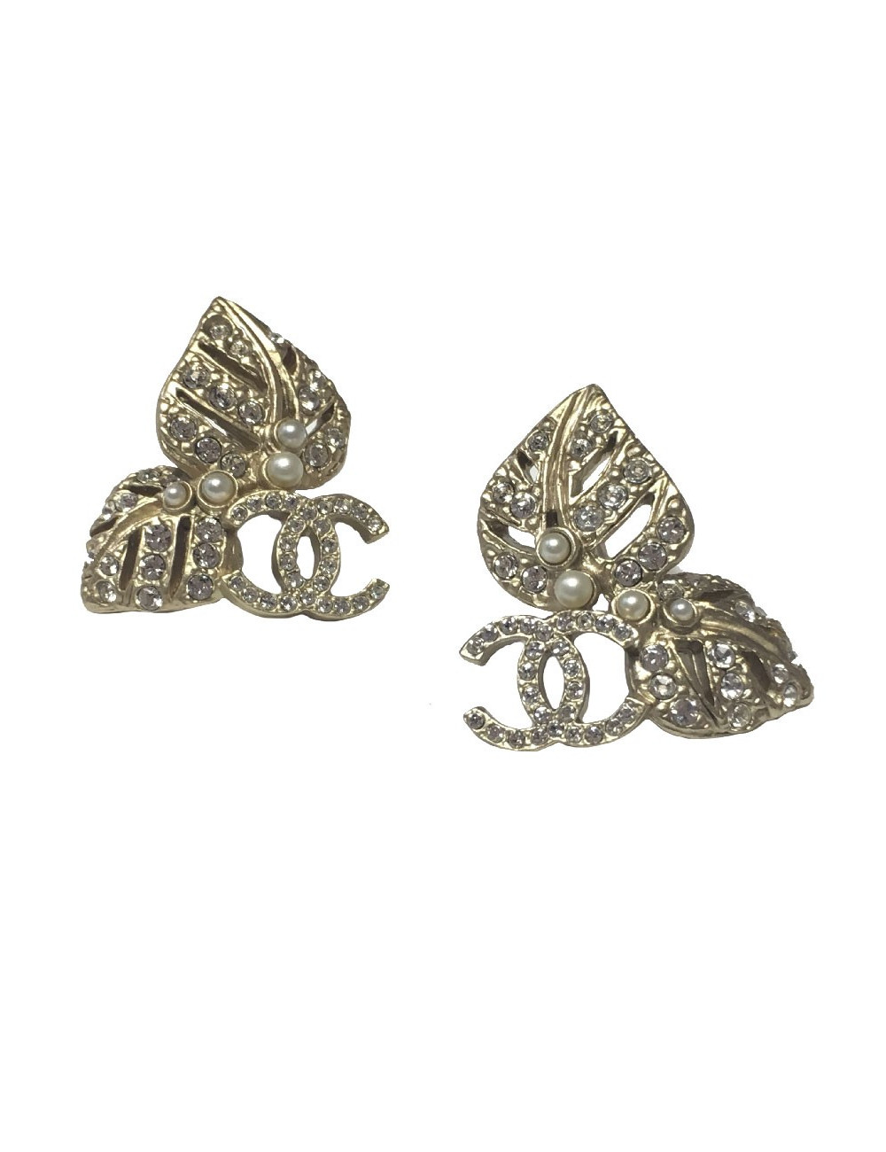 CHANEL leaves stud earrings in matte gold metal, rhinestones and pearls
