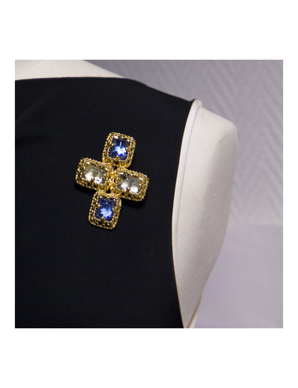 YSL YVES SAINT LAURENT Vintage cross pendant brooch set with 2 tones of blue cabochon