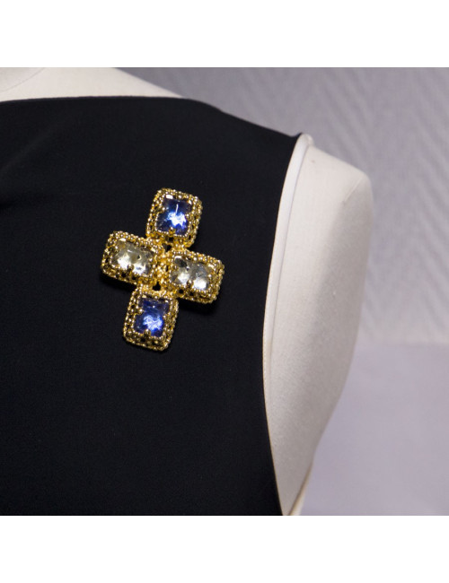 YSL YVES SAINT LAURENT Vintage cross pendant brooch set with 2 tones of blue cabochon