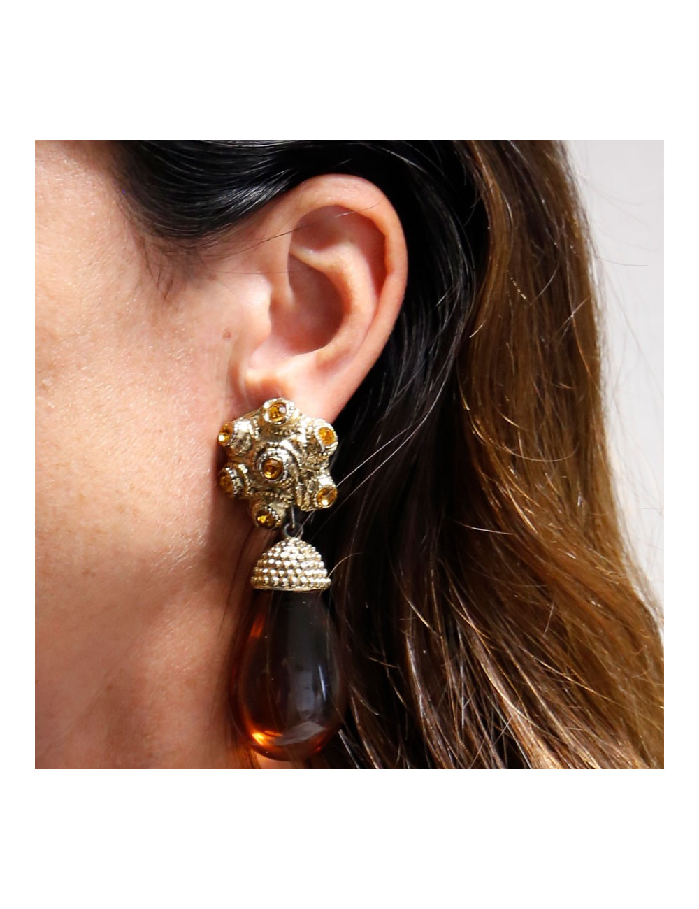 Boucles d'oreilles clips pendantes vintage ambrés sans marque