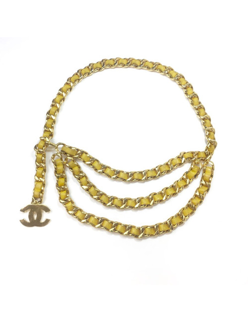 Ceinture CHANEL Vintage chaine entrelacée de cuir jaune