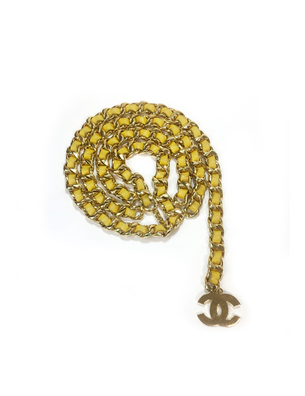 Ceinture CHANEL Vintage chaine entrelacée de cuir jaune