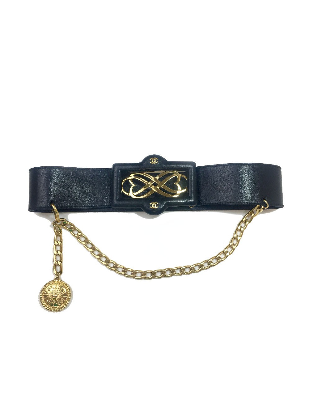 Ceinture CHANEL Vintage noire et métal doré