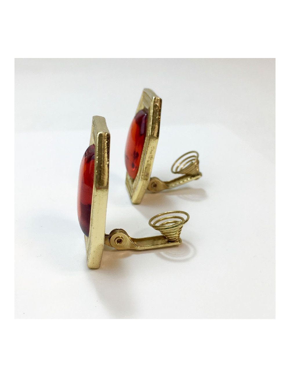 YVES SAINT LAURENT Vintage Clip-on Earrings in Gilt Metal and Orange Resin