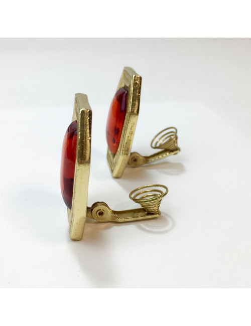 YVES SAINT LAURENT Vintage Clip-on Earrings in Gilt Metal and Orange Resin