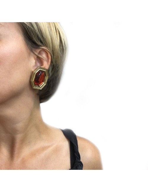 YVES SAINT LAURENT Vintage Clip-on Earrings in Gilt Metal and Orange Resin