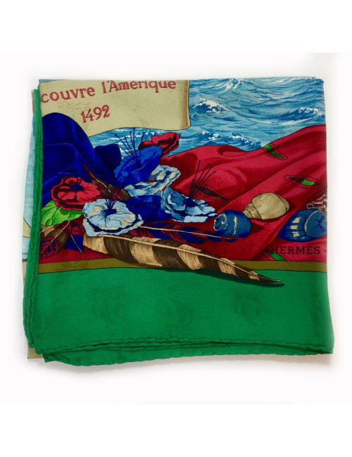 Carré HERMES "Christophe Colomb découvre l'Amérique" en soie damassée