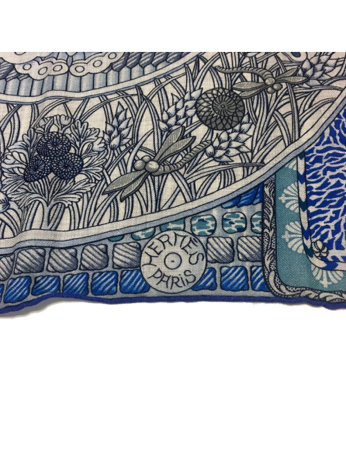 Châle HERMES "Parures de Samouraï" cachemire et soie bleu