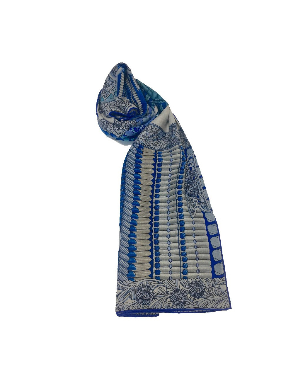 Châle HERMES "Parures de Samouraï" cachemire et soie bleu