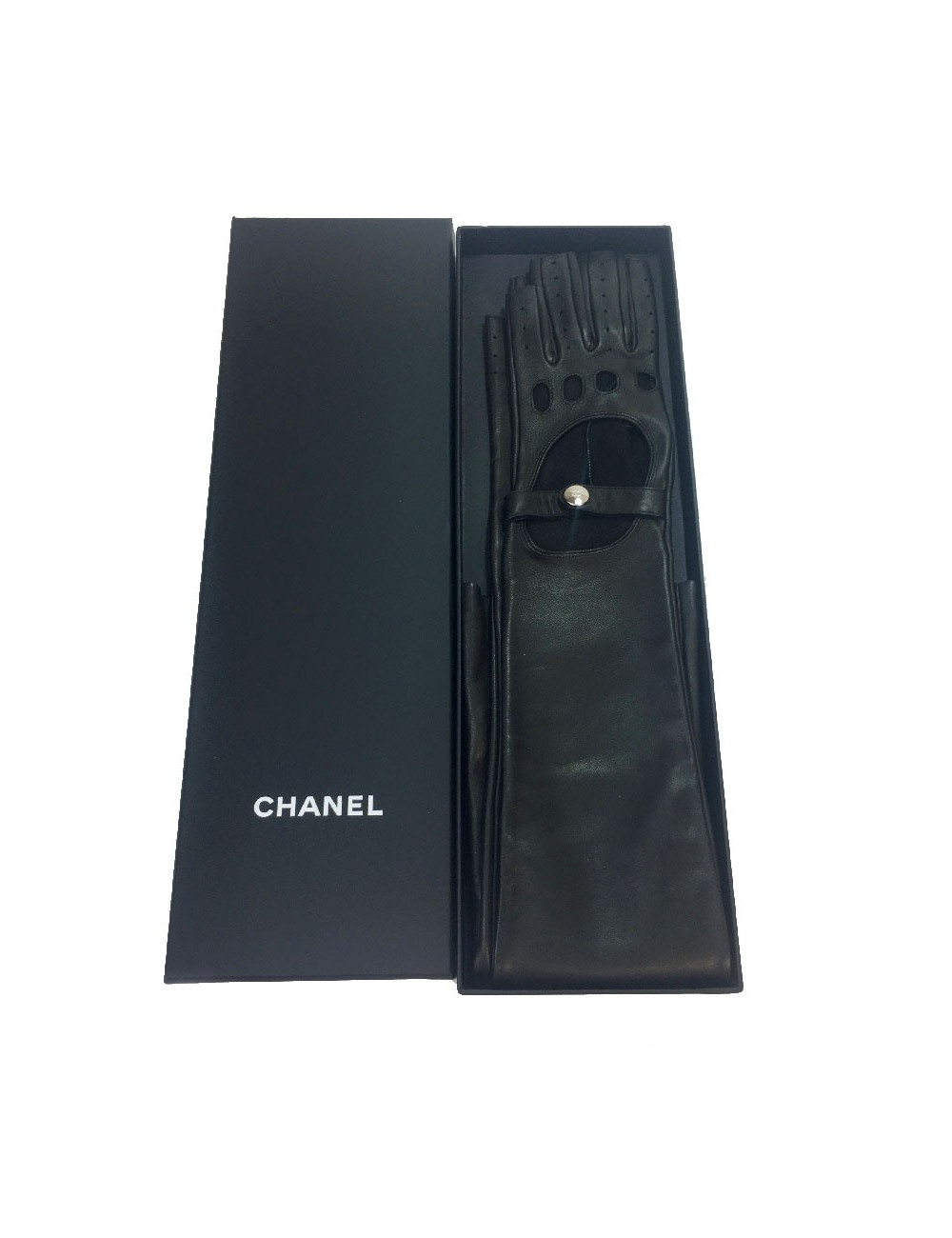 Longues mitaines CHANEL T7 en cuir d'agneau noir