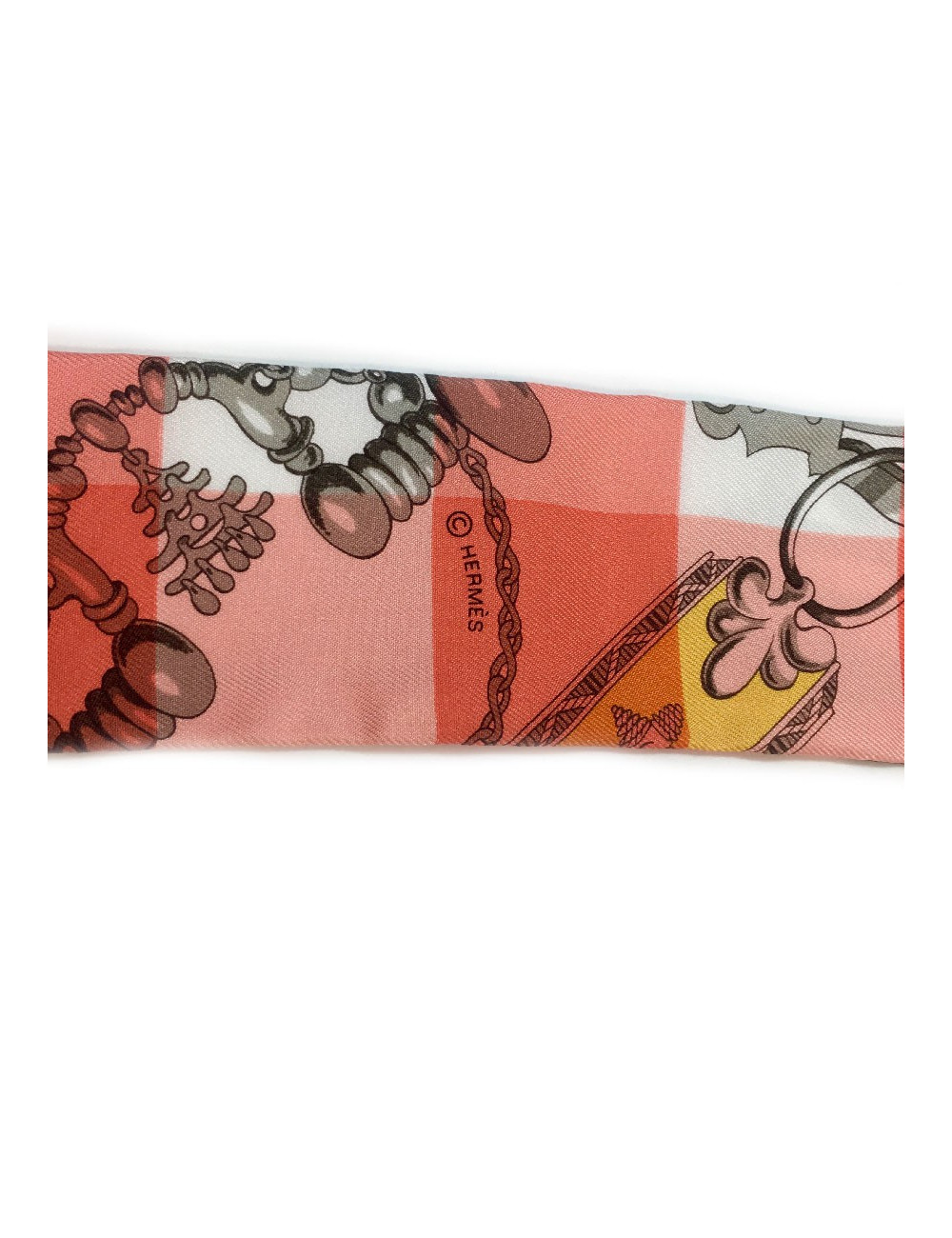 Twilly HERMES "Mors et Gourmettes " en soie vichy rose