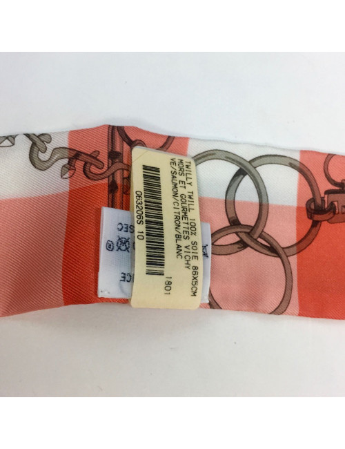 Twilly HERMES "Mors et Gourmettes " en soie vichy rose