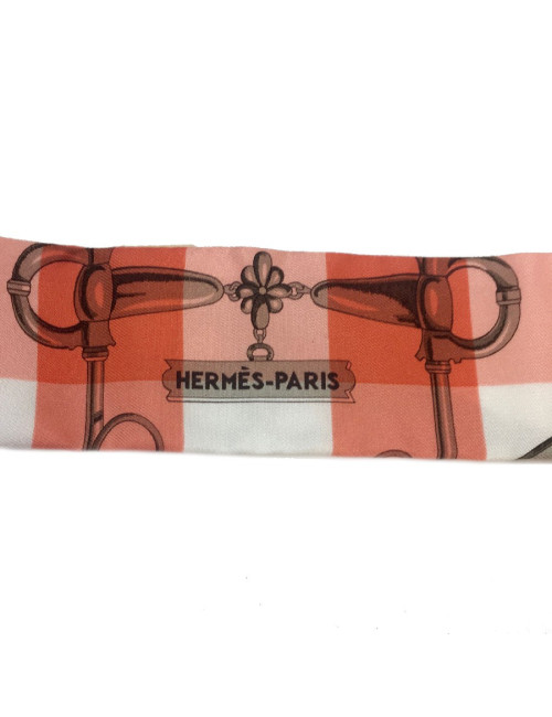 Twilly HERMES "Mors et Gourmettes " en soie vichy rose