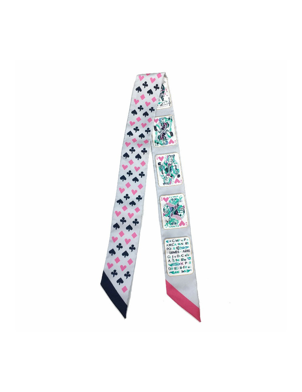 Twilly HERMES "Jeu de cartes" en soie gris et rose