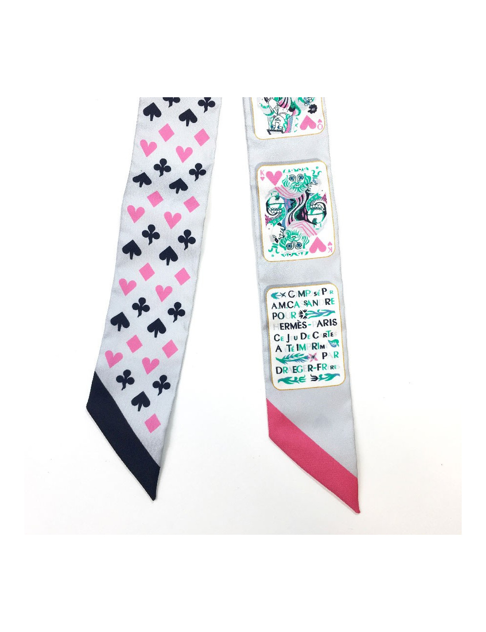 Twilly HERMES "Jeu de cartes" en soie gris et rose