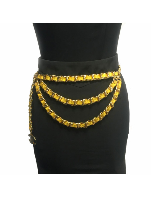Ceinture CHANEL Vintage chaine entrelacée de cuir jaune